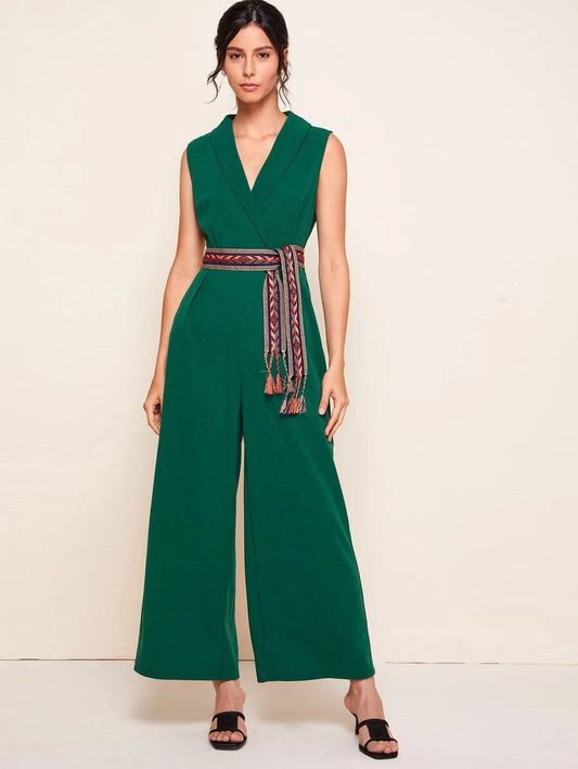 CM-JS528048 Women Trendy Bohemian Style Shawl Collar Tribal Belted Palazzo Jumpsuit - Green