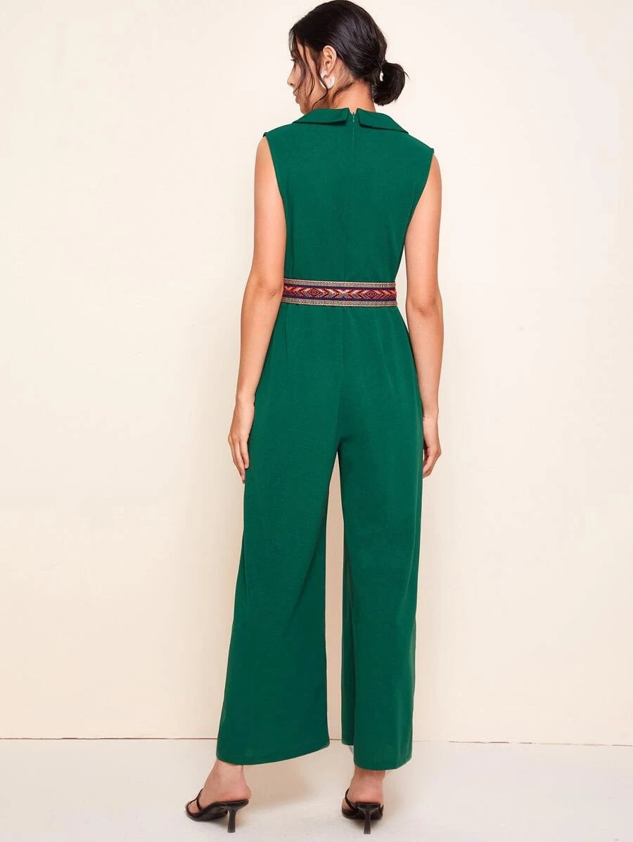 CM-JS528048 Women Trendy Bohemian Style Shawl Collar Tribal Belted Palazzo Jumpsuit - Green