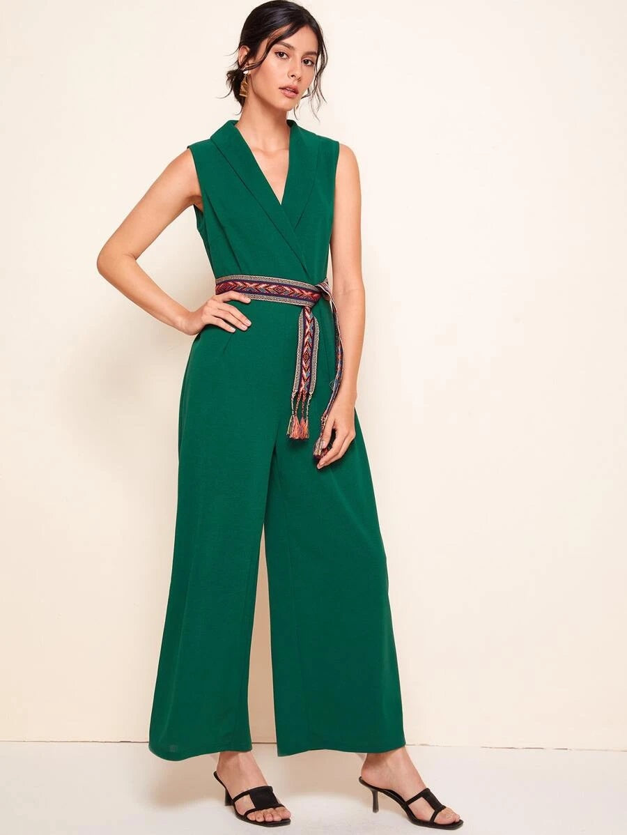 CM-JS528048 Women Trendy Bohemian Style Shawl Collar Tribal Belted Palazzo Jumpsuit - Green