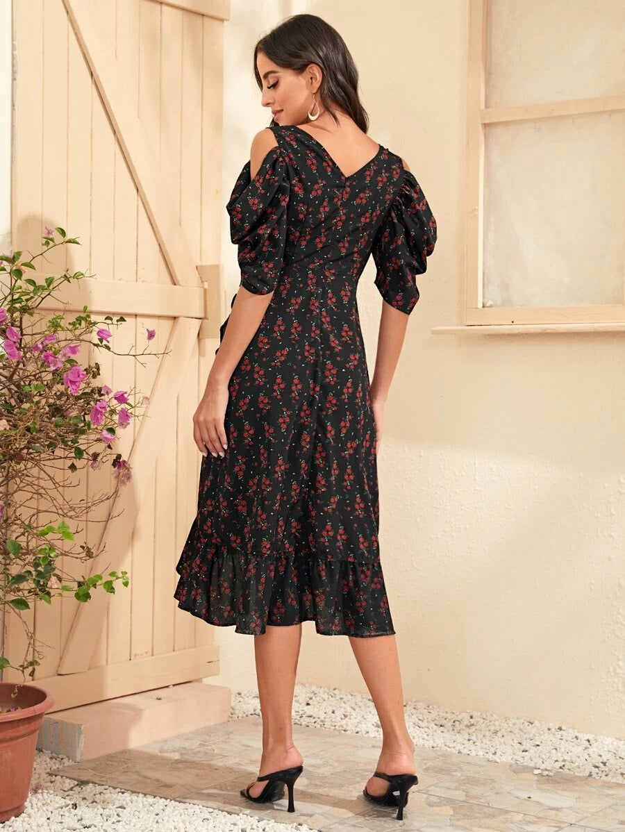 CM-DS508351 Women Trendy Bohemian Style Cold Shoulder Ruffle Trim Ditsy Floral Wrap Dress - Black