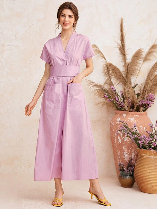 CM-DS608907 Women Casual Seoul Style V-Neck Batwing Sleeve Dual Pockets A-Line Dress - Purple