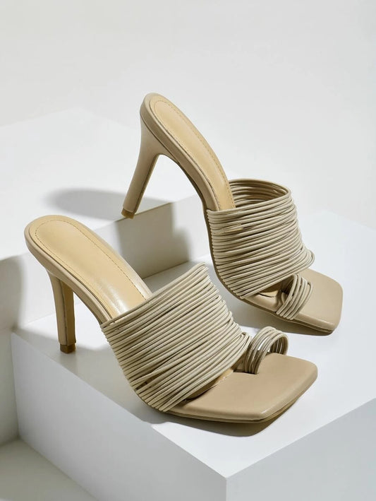 CM-SHS608839 Women Trendy Seoul Style Toe Loop Strappy Heeled Sandal Mules - Apricot