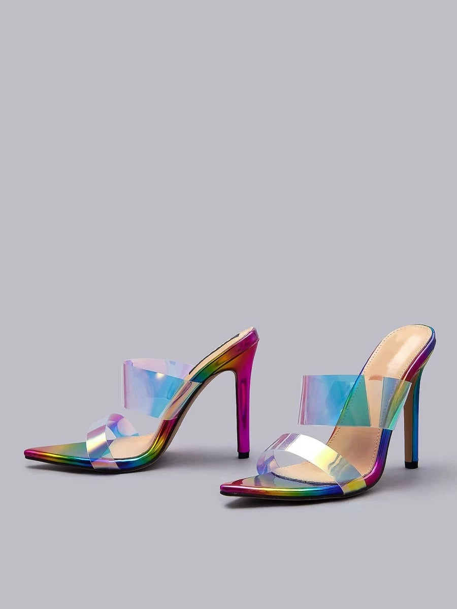 CM-SHS608165 Women Trendy Seoul Style Holographic Double Band Stiletto Heeled Sandal Mules