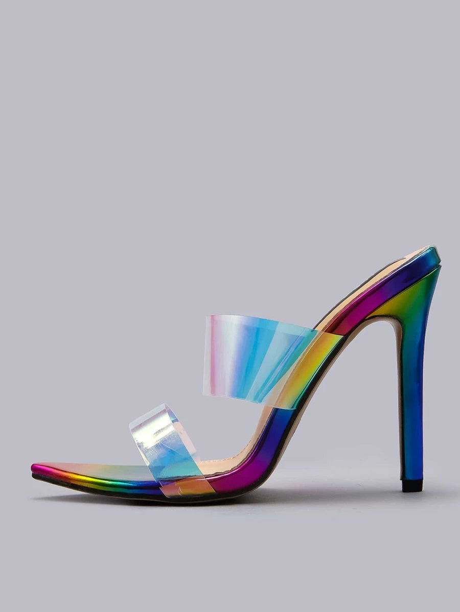 CM-SHS608165 Women Trendy Seoul Style Holographic Double Band Stiletto Heeled Sandal Mules