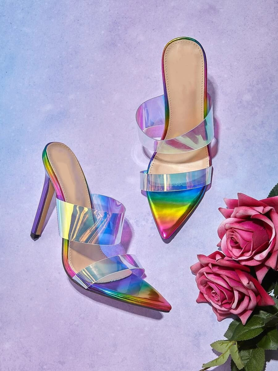 CM-SHS608165 Women Trendy Seoul Style Holographic Double Band Stiletto Heeled Sandal Mules