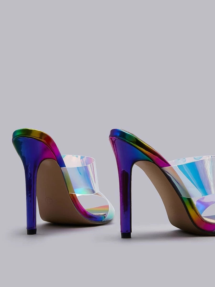 CM-SHS608165 Women Trendy Seoul Style Holographic Double Band Stiletto Heeled Sandal Mules