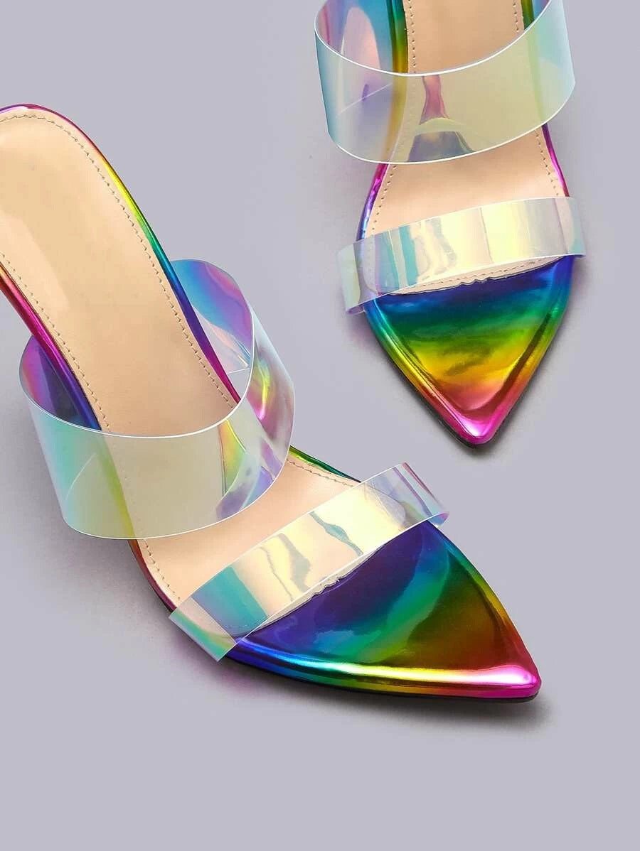 CM-SHS608165 Women Trendy Seoul Style Holographic Double Band Stiletto Heeled Sandal Mules
