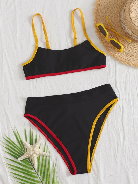 CM-SWS609698 Women Trendy Seoul Style Contrast Binding High Waist Bikini Swimsuit - Black