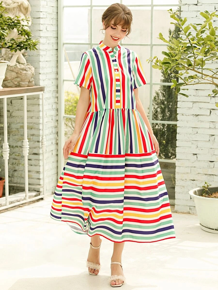 CM-DS512997 Women Casual Seoul Style Stand Collar Striped Button Front Smock Dress