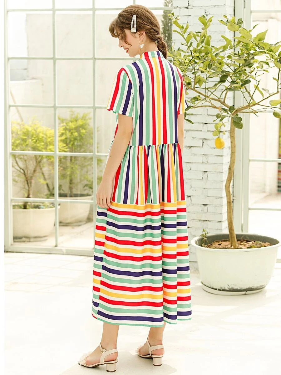 CM-DS512997 Women Casual Seoul Style Stand Collar Striped Button Front Smock Dress