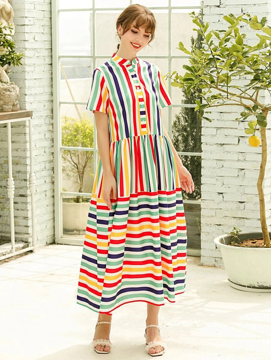 CM-DS512997 Women Casual Seoul Style Stand Collar Striped Button Front Smock Dress