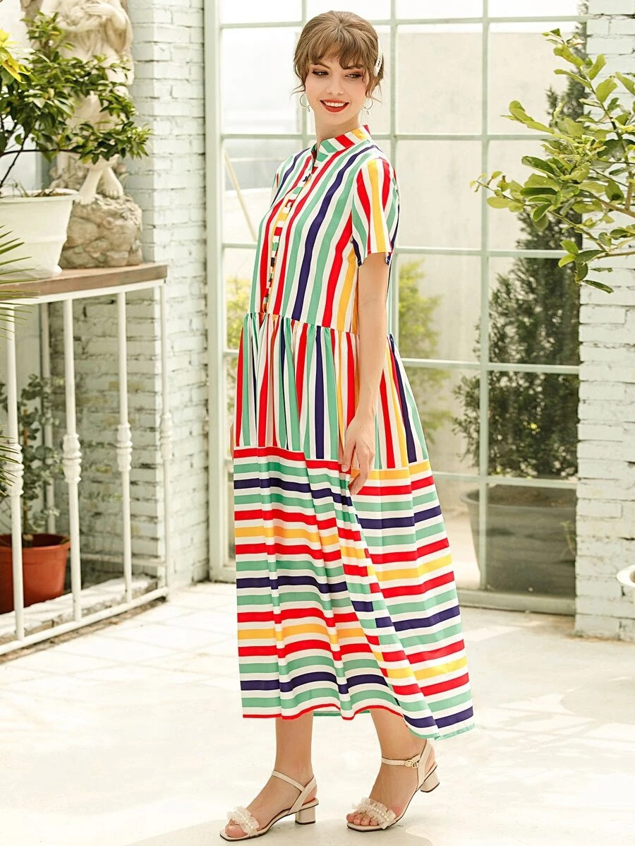CM-DS512997 Women Casual Seoul Style Stand Collar Striped Button Front Smock Dress