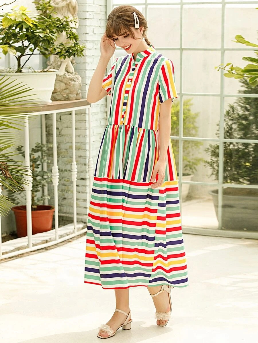 CM-DS512997 Women Casual Seoul Style Stand Collar Striped Button Front Smock Dress