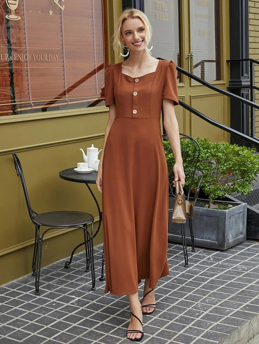 CM-DS519809 Women Casual Seoul Style Sweetheart Half Button Puff Sleeve Maxi Dress - Rust Brown