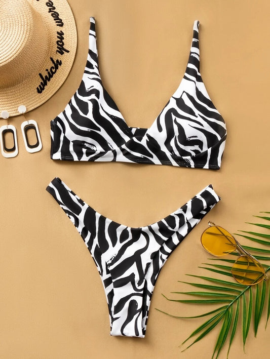 CM-SWS609369 Women Trendy Seoul Style Zebra Stripe High Cut Bikini Swimsuit