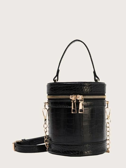 CM-BGS609496 Women Trendy Seoul Style Croc Embossed Bucket Bag - Black