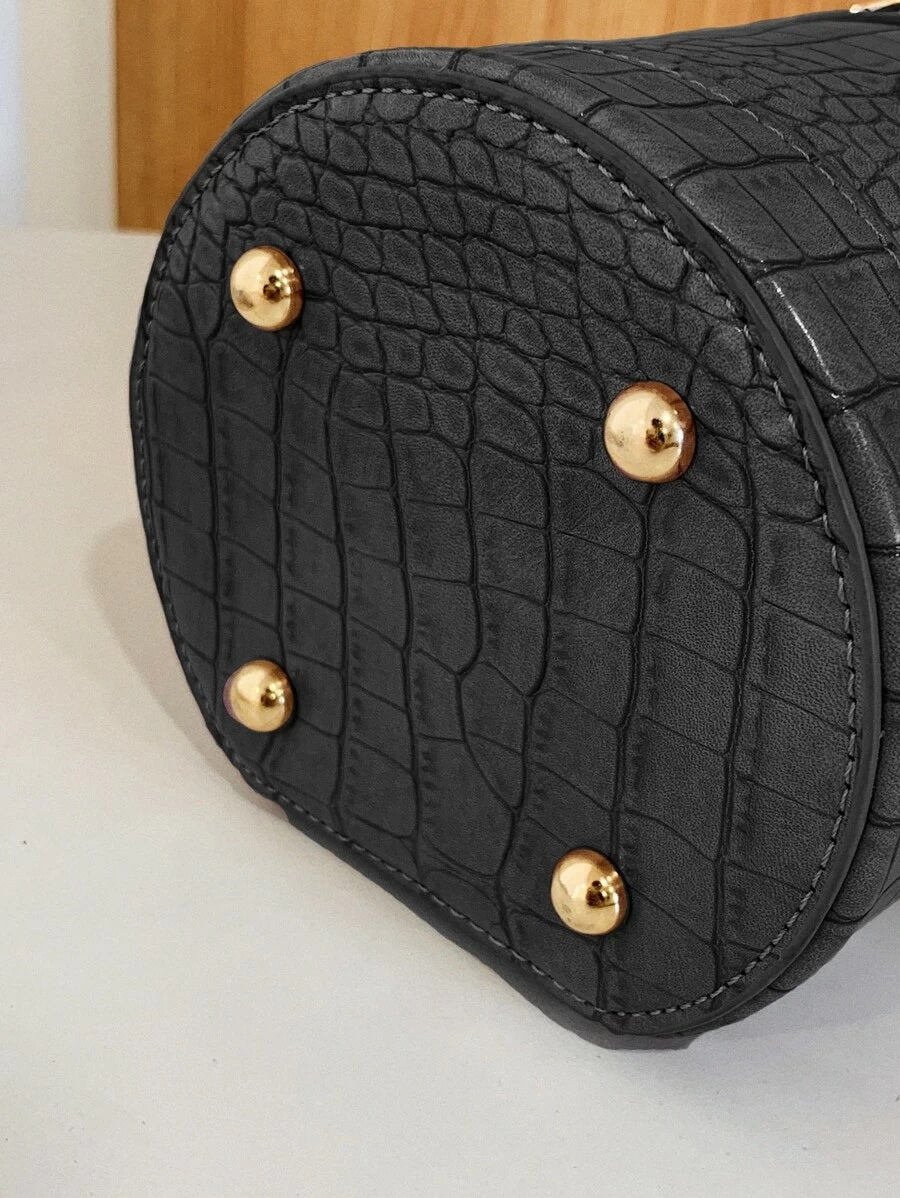 CM-BGS609496 Women Trendy Seoul Style Croc Embossed Bucket Bag - Black