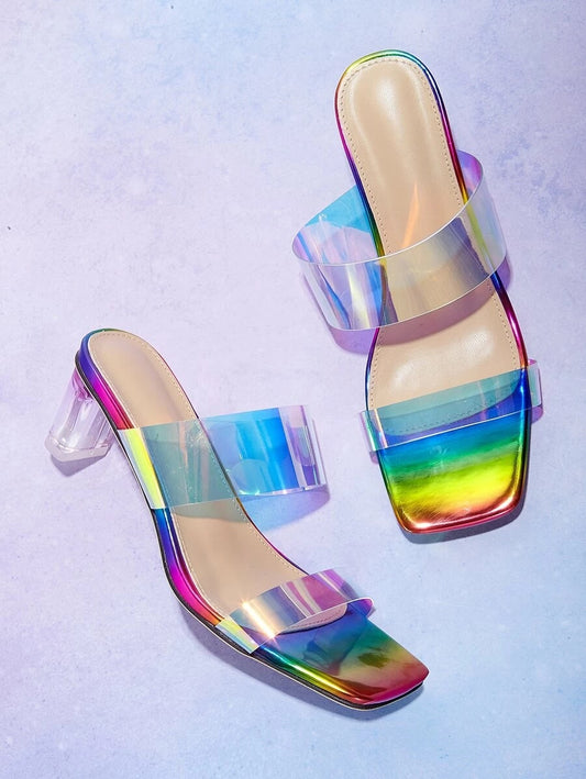 CM-SHS609500 Women Casual Seoul Style Holographic Double Band Chunky Heeled Sandal Mules