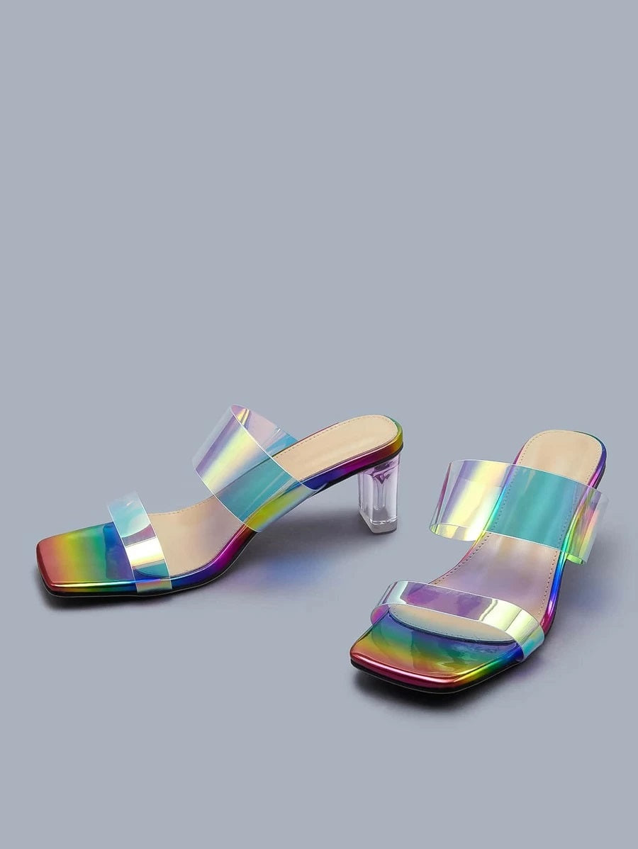 CM-SHS609500 Women Casual Seoul Style Holographic Double Band Chunky Heeled Sandal Mules