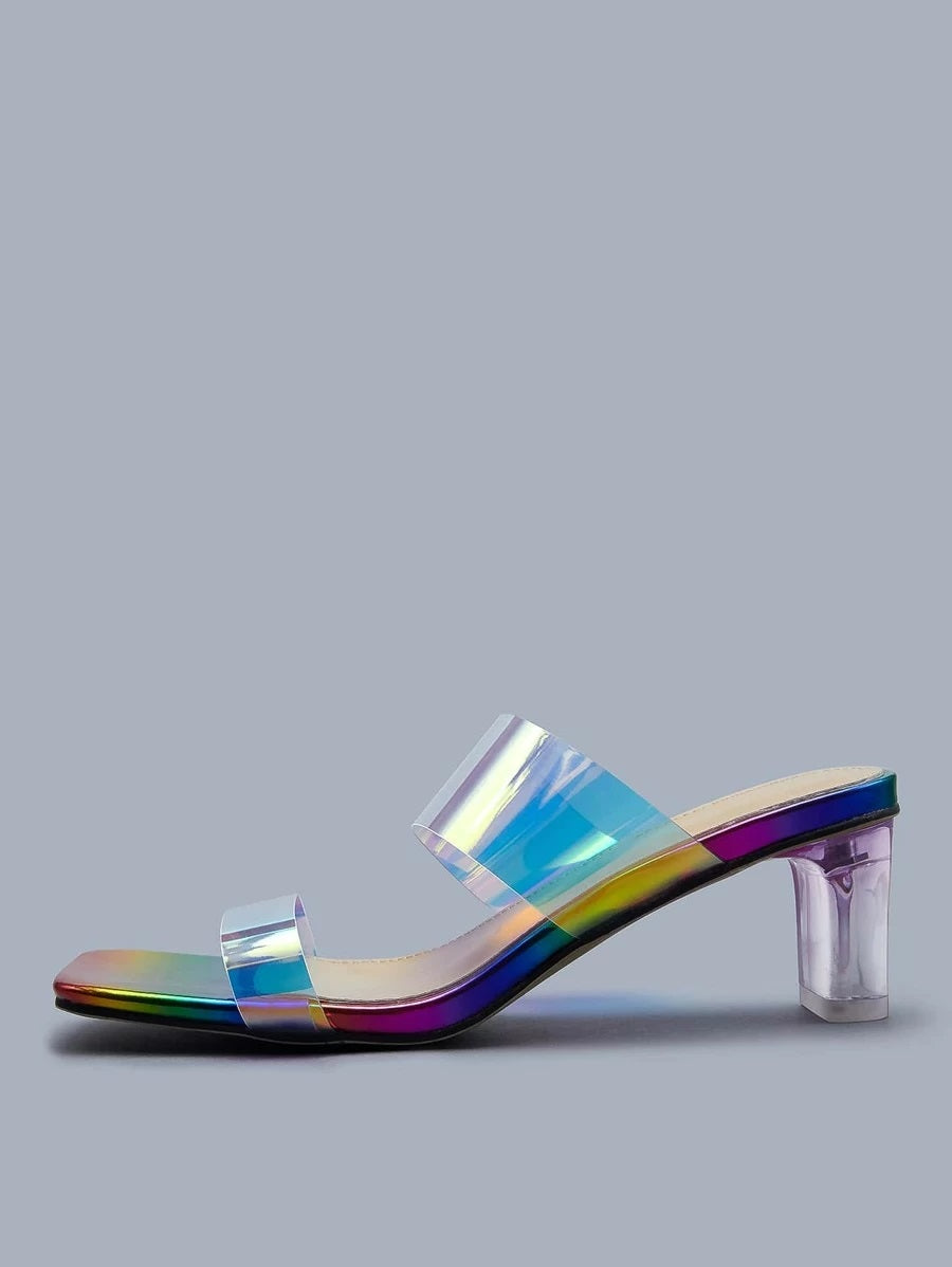 CM-SHS609500 Women Casual Seoul Style Holographic Double Band Chunky Heeled Sandal Mules