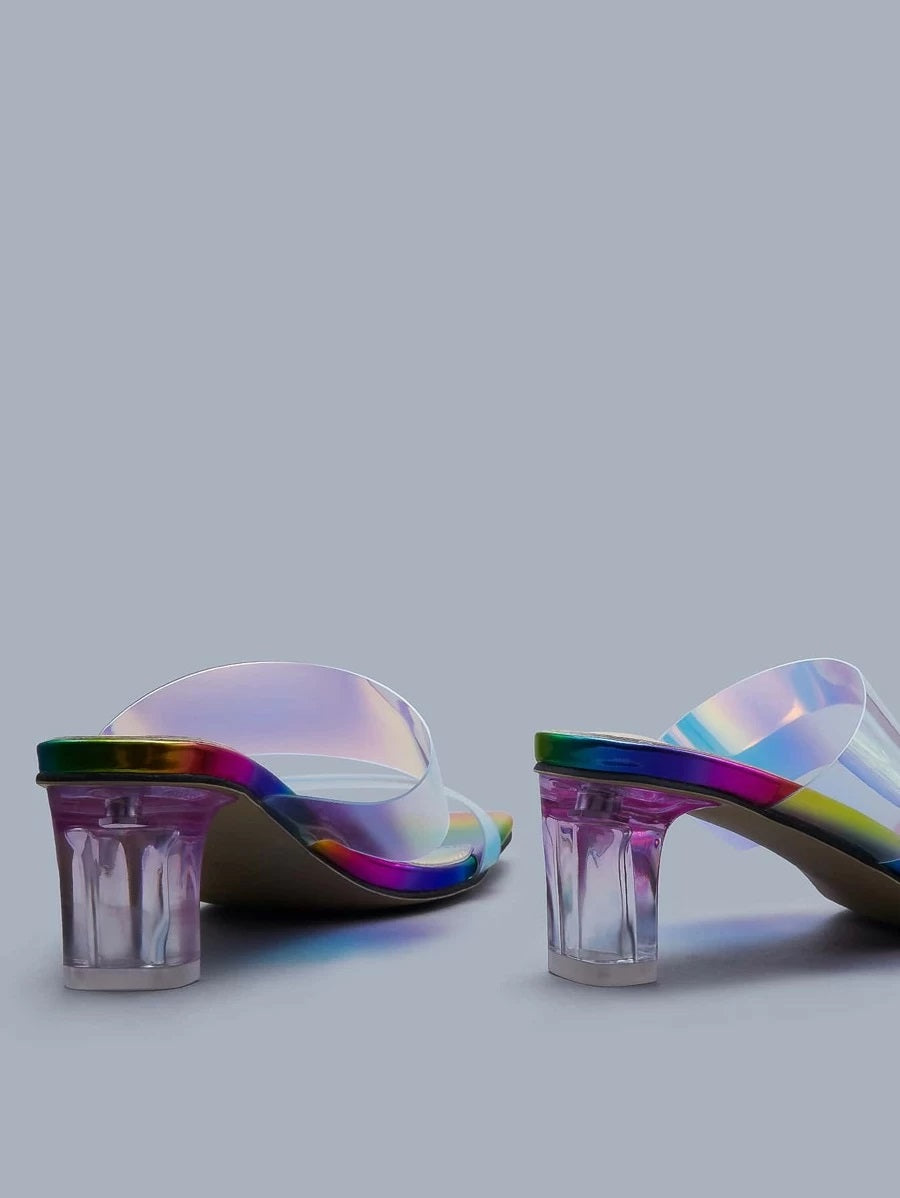 CM-SHS609500 Women Casual Seoul Style Holographic Double Band Chunky Heeled Sandal Mules