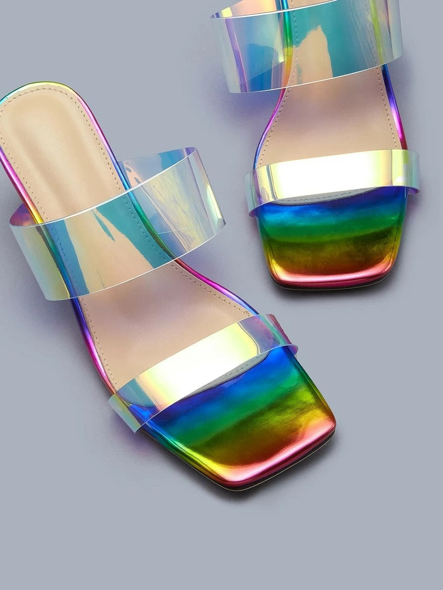 CM-SHS609500 Women Casual Seoul Style Holographic Double Band Chunky Heeled Sandal Mules