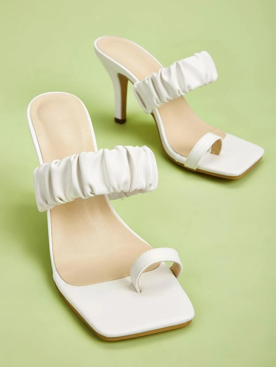 CM-SHS610491 Women Trendy Seoul Style Toe Loop Ruched Heeled Sandal Mules - Apricot