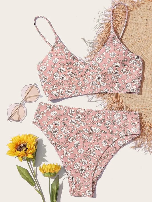CM-SWS610598 Women Trendy Seoul Style Ditsy Floral High Waisted Bikini Swimsuit - Pink