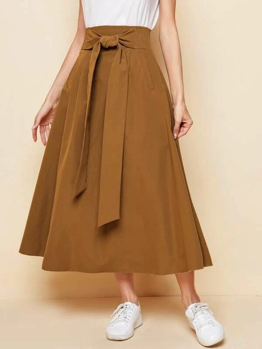 CM-BS605539 Women Casual Seoul Style High Waist Tie Front Solid Skirt - Brown