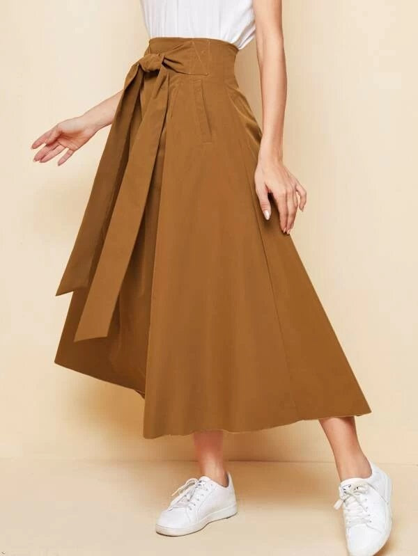 CM-BS605539 Women Casual Seoul Style High Waist Tie Front Solid Skirt - Brown