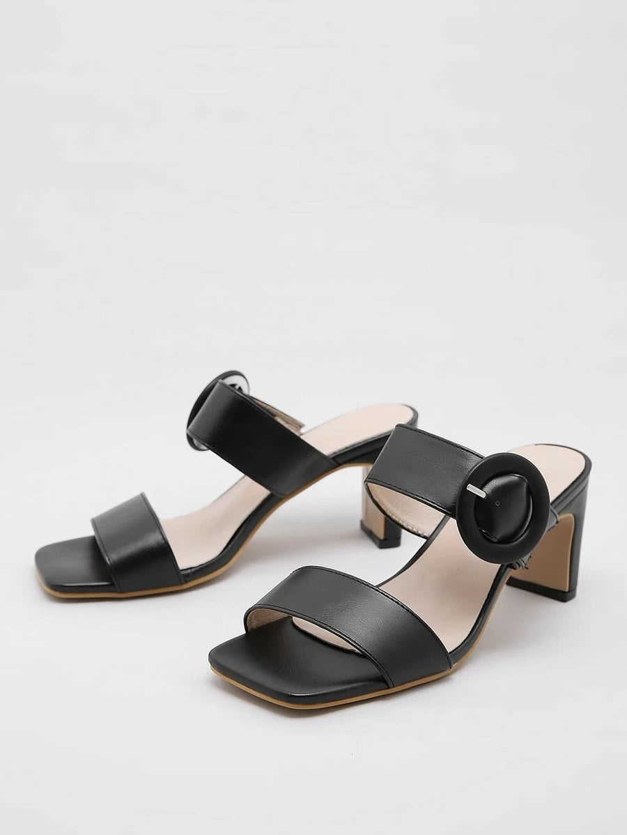 CM-SHS610583 Women Casual Seoul Style Buckle Decor Double Band Chunky Heeled Sandal Mules