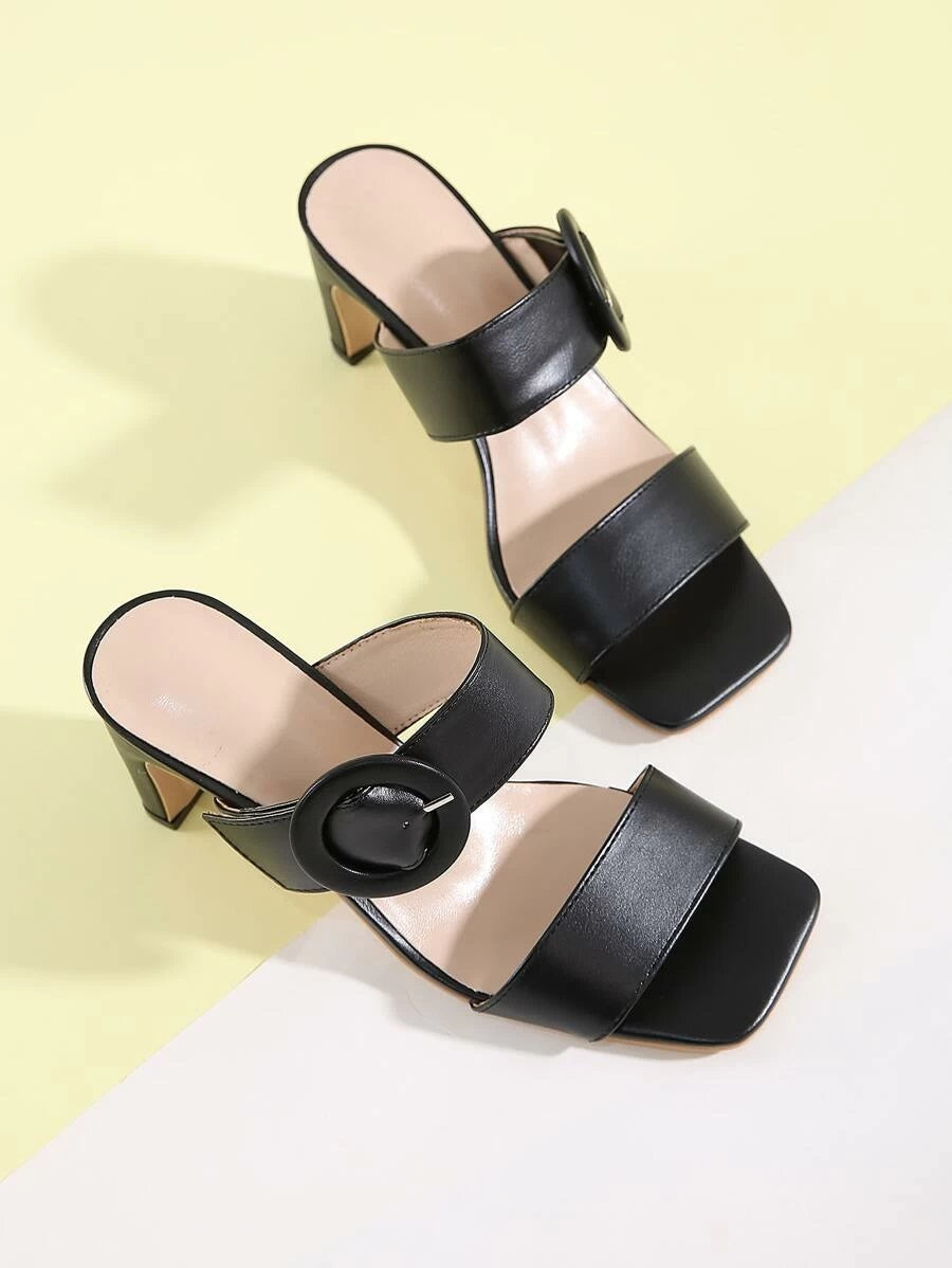 CM-SHS610583 Women Casual Seoul Style Buckle Decor Double Band Chunky Heeled Sandal Mules