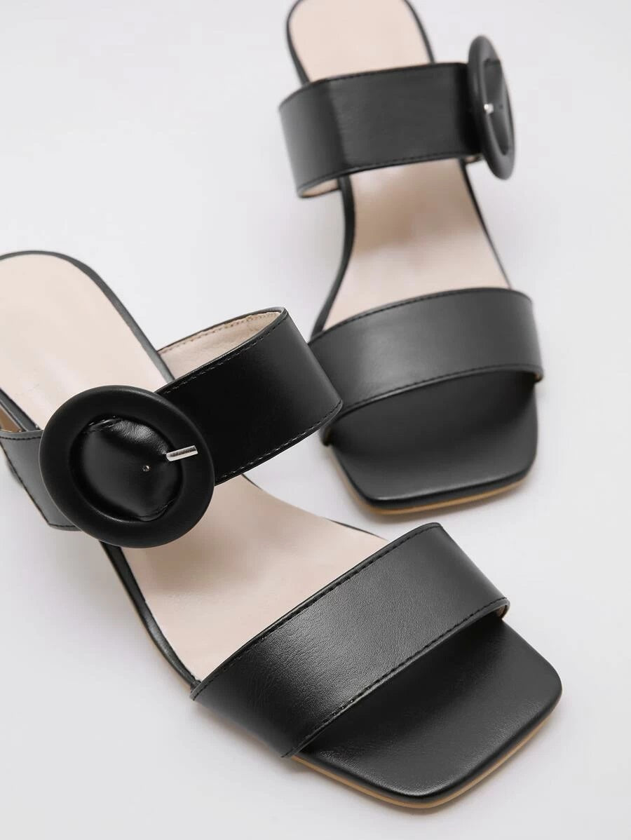 CM-SHS610583 Women Casual Seoul Style Buckle Decor Double Band Chunky Heeled Sandal Mules