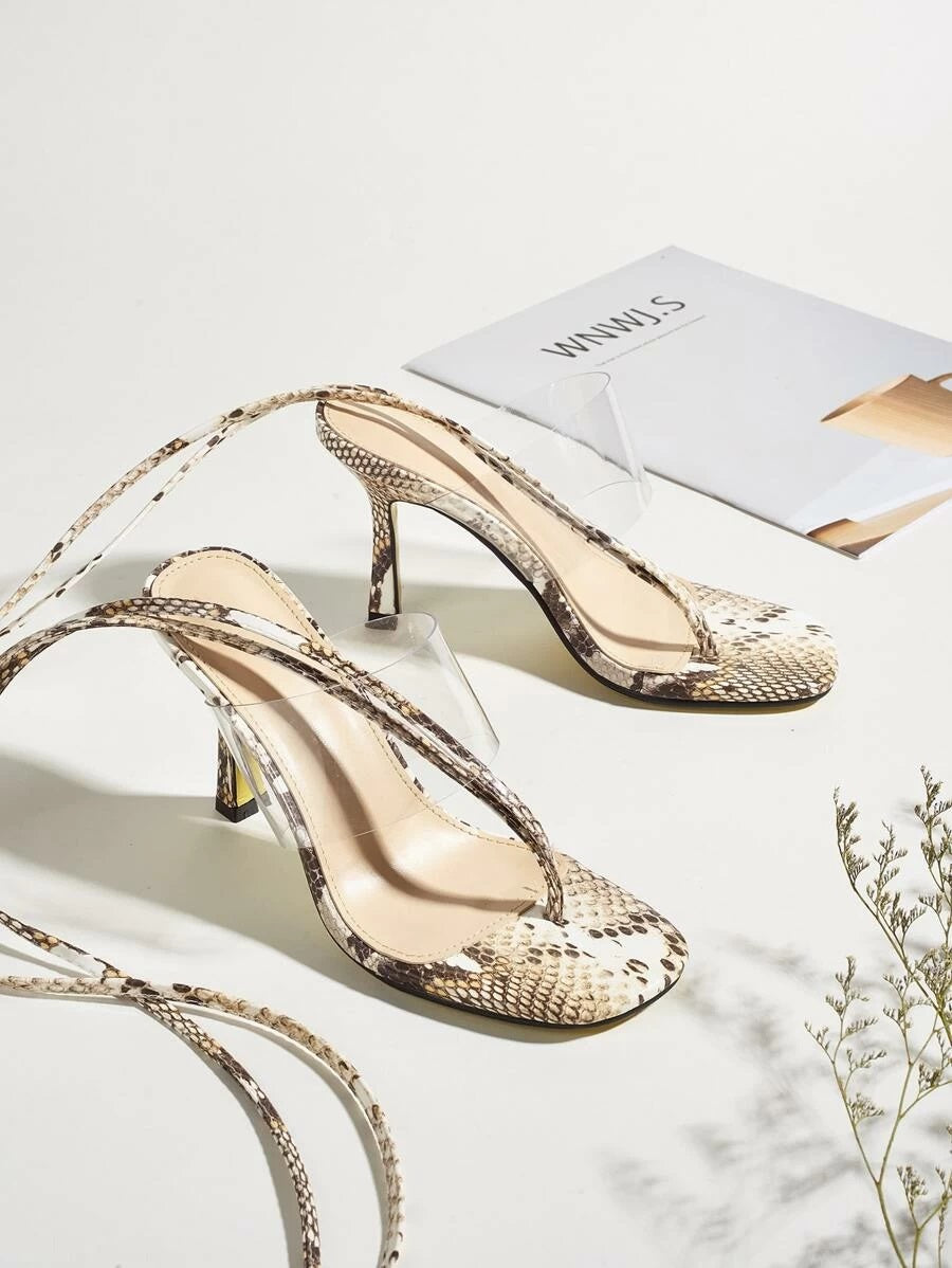CM-SHS610552 Women Elegant Seoul Style Clear Toe Post Snakeskin Tie Leg Heeled Sandals