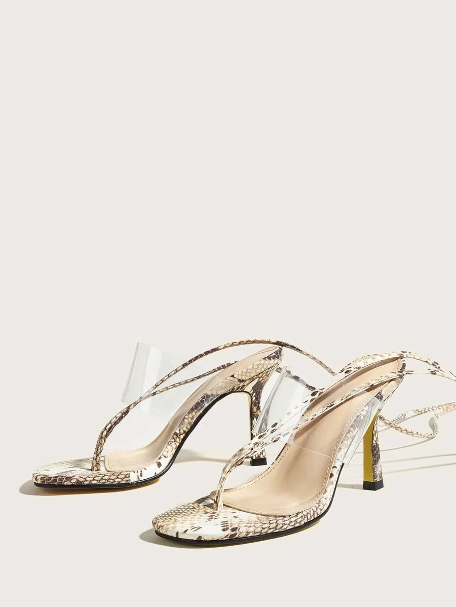 CM-SHS610552 Women Elegant Seoul Style Clear Toe Post Snakeskin Tie Leg Heeled Sandals