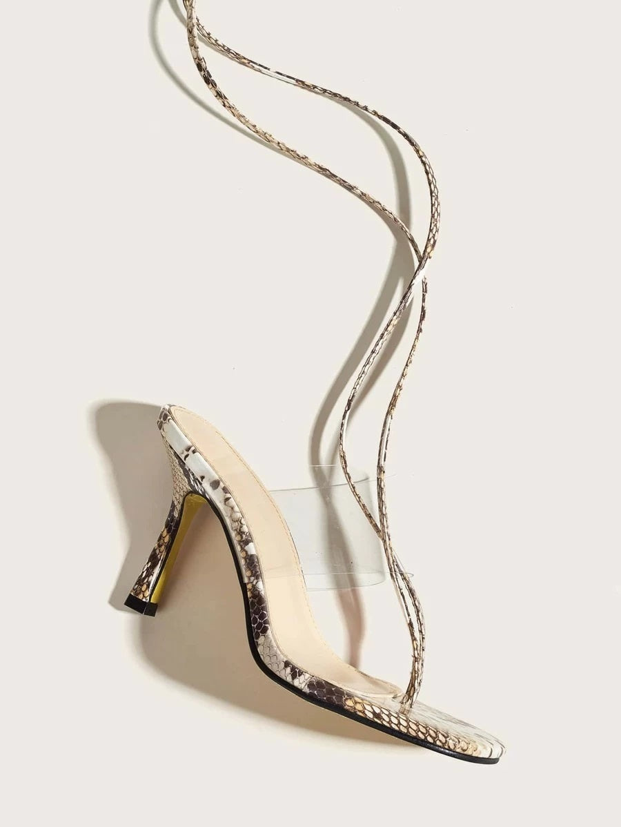 CM-SHS610552 Women Elegant Seoul Style Clear Toe Post Snakeskin Tie Leg Heeled Sandals