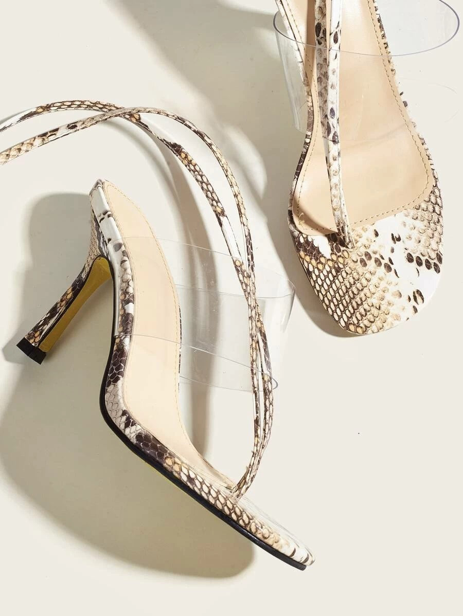 CM-SHS610552 Women Elegant Seoul Style Clear Toe Post Snakeskin Tie Leg Heeled Sandals