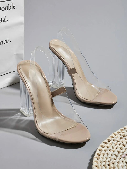 CM-SHS610445 Women Elegant Seoul Style Clear Slingback Chunky Heeled Sandals - Apricot