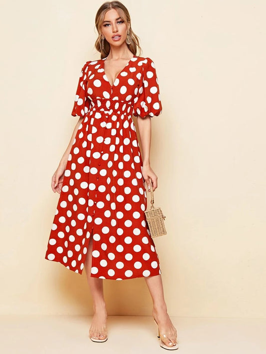 CM-DS602003 Women Casual Seoul Style Button Front Shirred Waist Polka Dot Dress - Red
