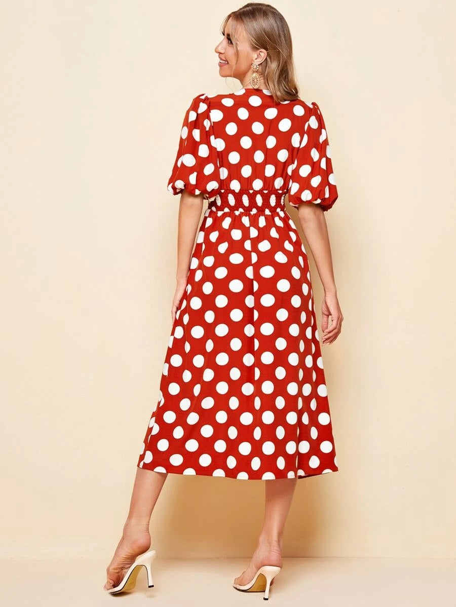 CM-DS602003 Women Casual Seoul Style Button Front Shirred Waist Polka Dot Dress - Red