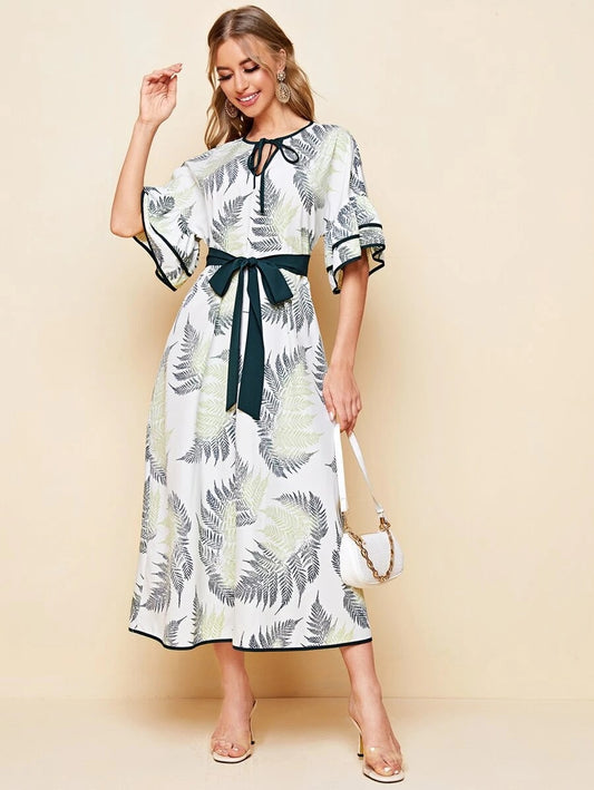 CM-DS603653 Women Elegant European Style Tie Neck Layered Flounce Sleeve Belted Dress