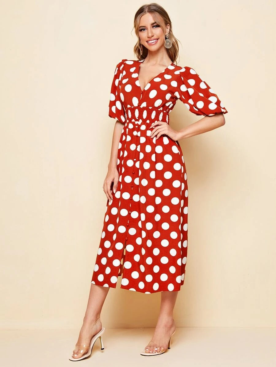 CM-DS602003 Women Casual Seoul Style Button Front Shirred Waist Polka Dot Dress - Red