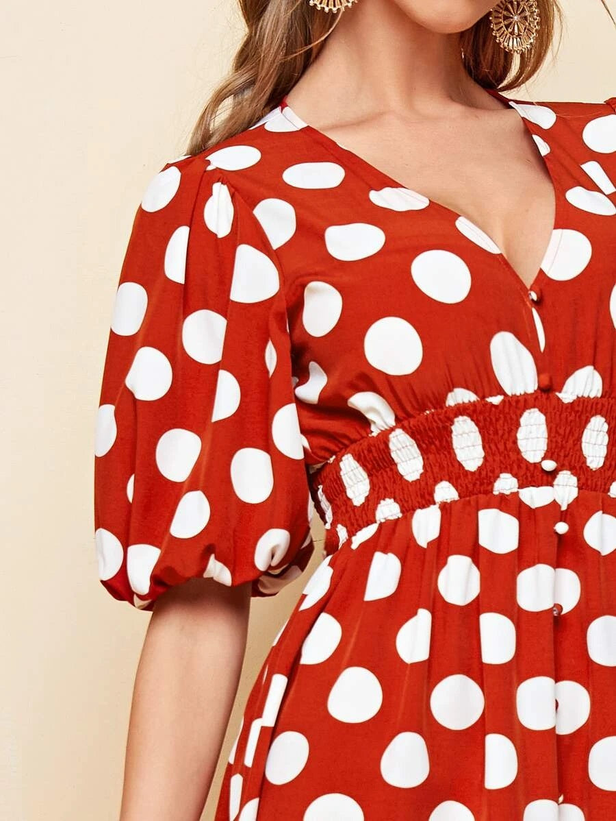 CM-DS602003 Women Casual Seoul Style Button Front Shirred Waist Polka Dot Dress - Red