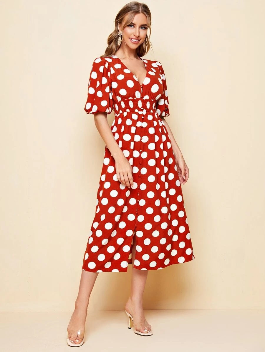 CM-DS602003 Women Casual Seoul Style Button Front Shirred Waist Polka Dot Dress - Red