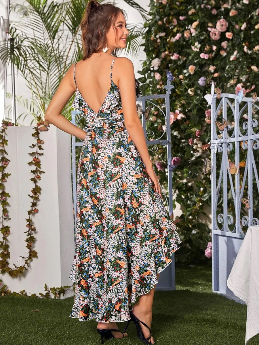 CM-DS506899 Women Trendy Bohemian Style Daisy Floral Ruffle Trim Asymmetrical Hem Cami Dress