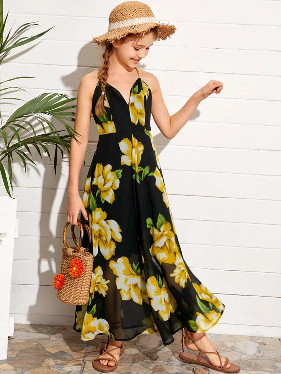 CM-KDS512839 Girls Trendy Bohemian Style Crisscross Backless Floral Print Chiffon Dress