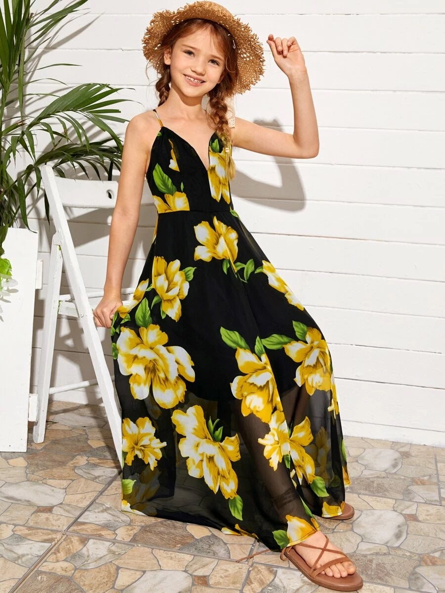CM-KDS512839 Girls Trendy Bohemian Style Crisscross Backless Floral Print Chiffon Dress