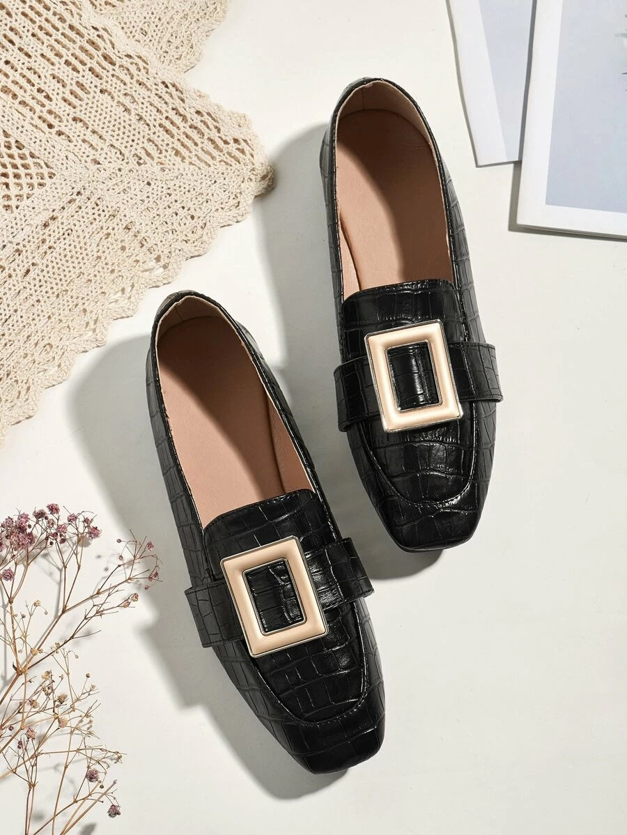 CM-SHS611361 Women Elegant Seoul Style Buckle Strap Stone Embossed Loafers - Black