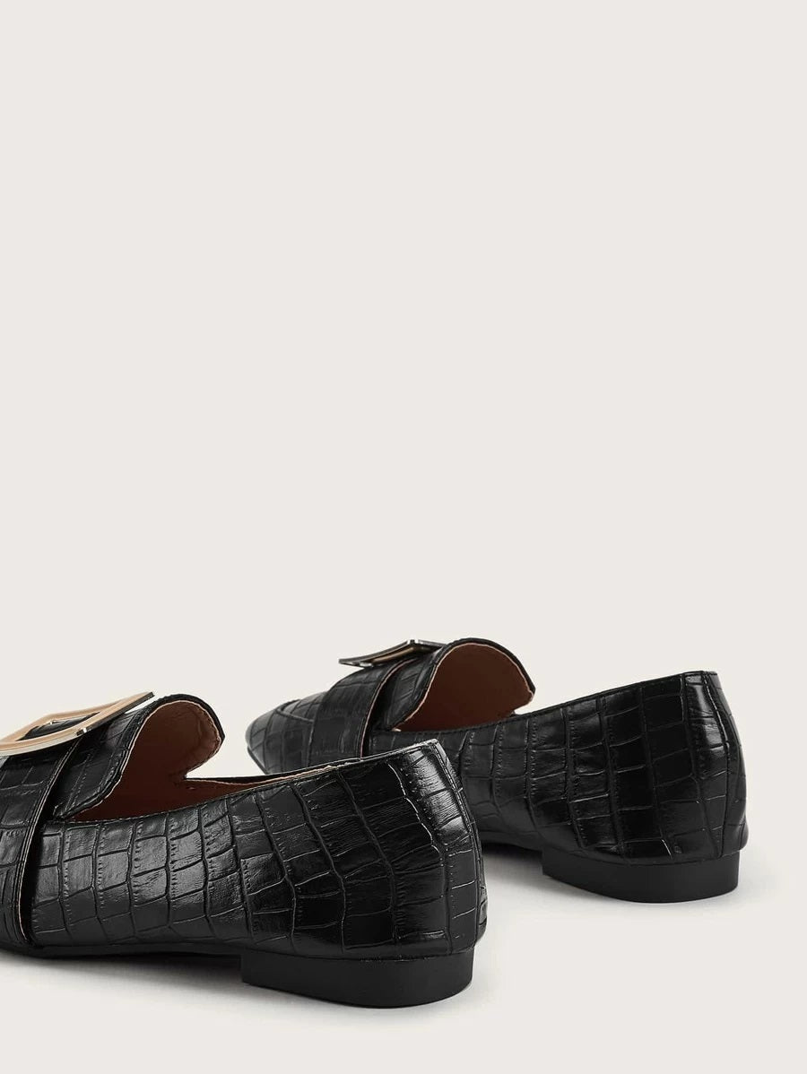 CM-SHS611361 Women Elegant Seoul Style Buckle Strap Stone Embossed Loafers - Black