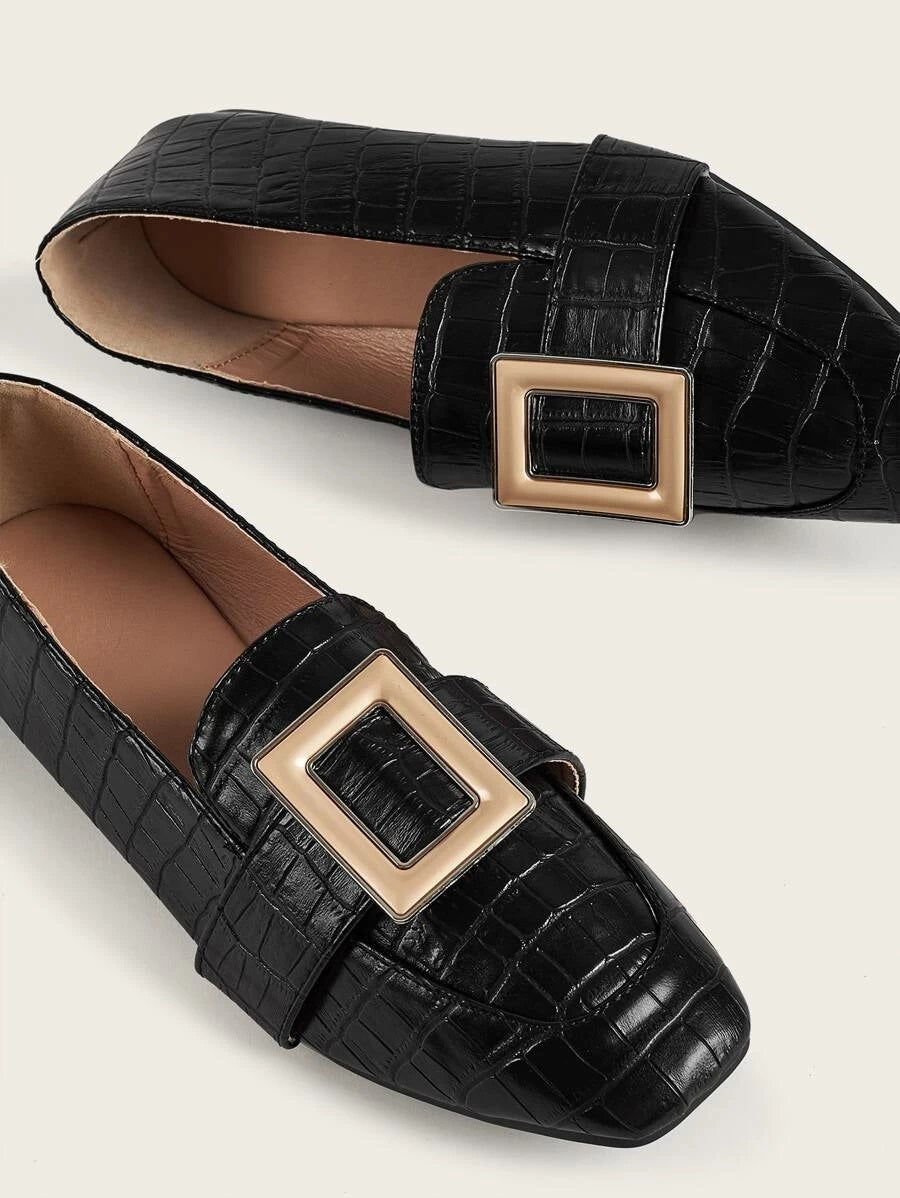 CM-SHS611361 Women Elegant Seoul Style Buckle Strap Stone Embossed Loafers - Black